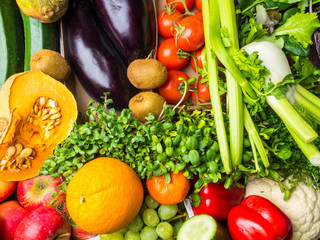 Raw vegetables and fruits background.Healthy organic food concept
