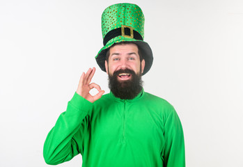 All is well. Irish man with beard in green gesturing ok sign. Happy saint patricks day. Bearded man...