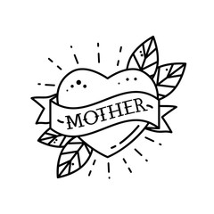 Heart with ribbon and inscription Mom. Greeting retro greeting card element for Mother's Day. vintage tattoo. flat vector illustration isolated