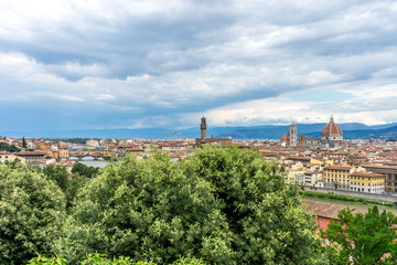 Fototapeta na wymiar Panaromic view of Florence townscape cityscape viewed from Piazzale Michelangelo (Michelangelo Square) with ponte Vecchio and Palazzo Vecchio and Duomo