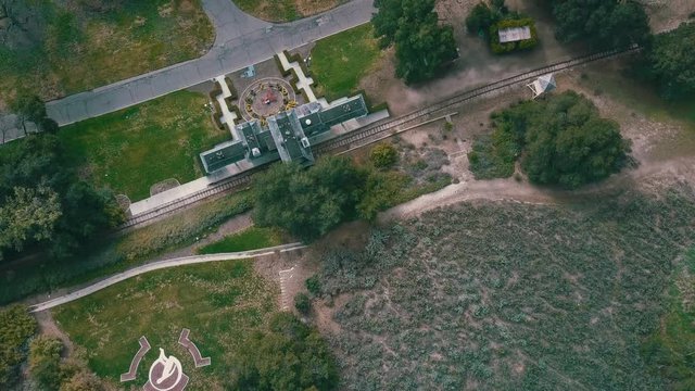 Top view of drone flying above the Michael Jakcson's former house and garden. Neverland Ranch in the hills of Santa Barbara County