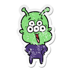 distressed sticker of a happy cartoon alien