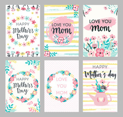 Set of Mothers day greeting cards. Collection of textured delicate Happy Mother's day greeting cards with flowers and wreaths