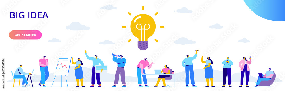 Canvas Prints Flat business people with big Light Bulb Idea. People working together on new Project.  Creativity, Brainstorming, Innovation concept.  Flat Vector illustration.