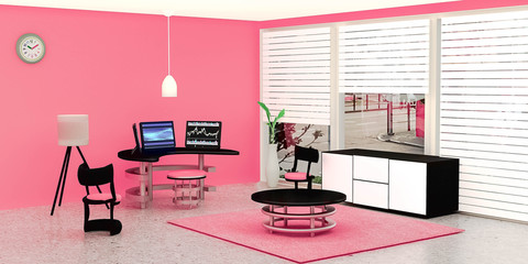 Modern working room interior, 3 black desktop computer put on a glass table in front of pink wall, a lamp and flower pot place on marble floor, Pink color tone room, Scandinavian style, 3D rendering.