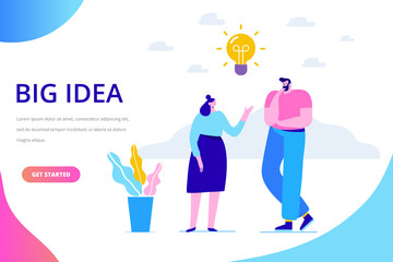 Flat business people with big Light Bulb Idea. People working together on new Project.  Creativity, Brainstorming, Innovation concept.  Flat Vector illustration.