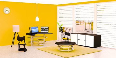 Modern working room interior, 3 black desktop computer put on a glass table in front of yellow wall, a lamp and flower pot place on marble floor, Gold color tone room, Scandinavian style, 3D rendering