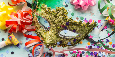 Carnival mask and party decor, confetti