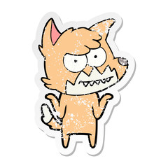 distressed sticker of a cartoon grinning fox