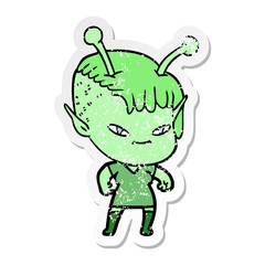 distressed sticker of a cute cartoon alien girl