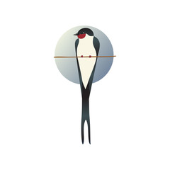 Flat vector icon of martlet sitting on tree branch, circle sky background behind. Wild bird. Ornithology theme