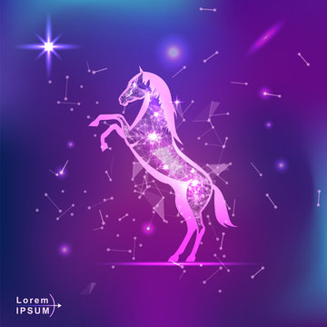 horse. Polygonal wireframe horse silhouette on gradient background. Space, futuristic, zodiac concept. Shine neon style vector illustration