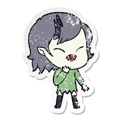 distressed sticker of a cartoon laughing vampire girl