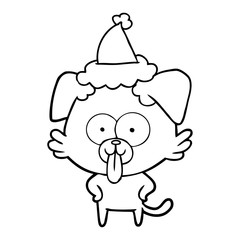 line drawing of a dog with tongue sticking out wearing santa hat