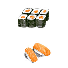 Set of sushi and rolls with salmon. hand drawn illustration islated on white background. Vector
