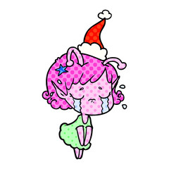 comic book style illustration of a crying alien girl wearing santa hat
