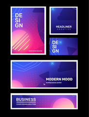 Vector set of creative pink and blue abstract different illustration in frame with neon, planet, star. Business gradient abstraction background with header.