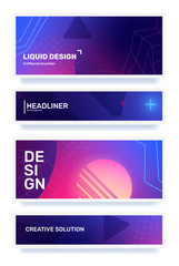 Vector set of creative color abstract horizontal illustration in frame with shape, neon, star, grid. Business gradient abstraction background with header.