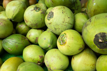 coconut fruit stacked on the marketplace