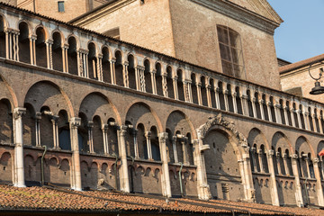 Fototapeta na wymiar the side wall of Ferrara cathedral, Basilica Cattedrale di San Giorgio, Ferrara, Italy