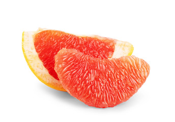Ripe half of pink grapefruit citrus fruit isolated on white background