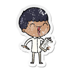 distressed sticker of a cartoon happy man