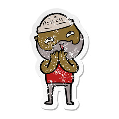 distressed sticker of a cartoon happy bearded man