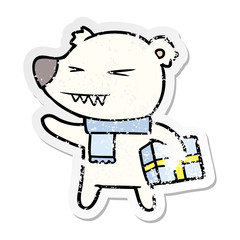 distressed sticker of a cartoon angry polar bear with xmas present