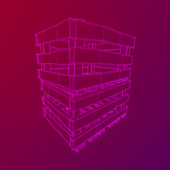 Wooden box for transportation and storage of products. Empty crate for fruits and vegetables. Model wireframe low poly mesh vector illustration