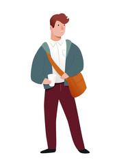 Modern young man with bag and coffee glass. Character illustration isolated on white background. Vector illustration in a flat style.
