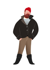 Sailor. Professional fisherman,  hands-on work profession. Character illustration isolated on white background. Beard man in  red cap and pipe. Vector illustration in a flat style.