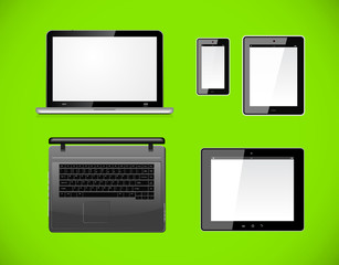 Laptop, tablet pc computer and mobile smartphone with a blank screen. Isolated on a green background. Vector
