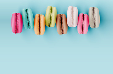 High detailed colourful macarons on blue background, vector illustration