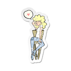 retro distressed sticker of a cartoon woman posing on chair