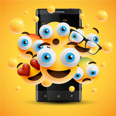 Realistic happy yellow emoticons in front of a cellphone, vector illustration