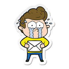 sticker of a cartoon crying man receiving letter