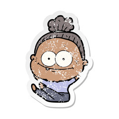 distressed sticker of a cartoon happy old woman