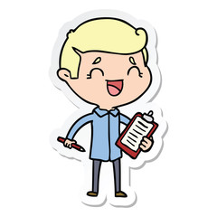 sticker of a cartoon laughing man with clip board