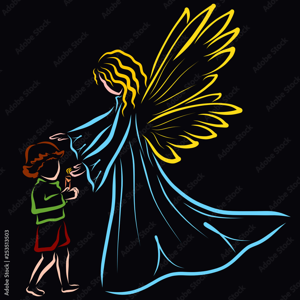 Wall mural a child with a candle and an angel guarding the flame and protecting the child