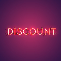 Neon realistic word 'DISCOUNT' for advertising, vector illustration