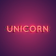 Neon realistic word 'UNICORN' for advertising, vector illustration