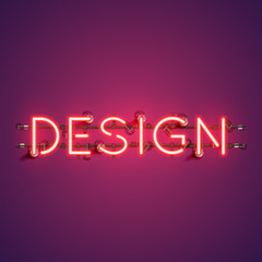 Neon realistic word 'DESIGN' for advertising, vector illustration