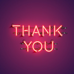 Neon realistic words 'THANK YOU' for advertising, vector illustration