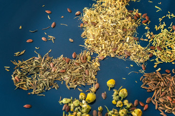 Fototapeta na wymiar Dry herbal tea. Chamomile, Thyme, Licorice, Flax, Rosemary. Selective focus.
