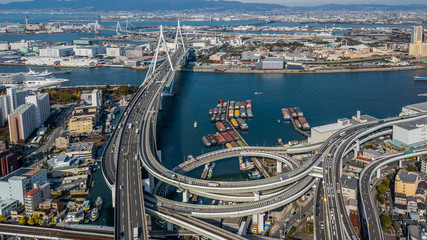 Aerial view interchange highway and overpass in city of Osaka City, Osaka, Kansai, Japan