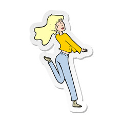 sticker of a cartoon happy girl kicking out leg