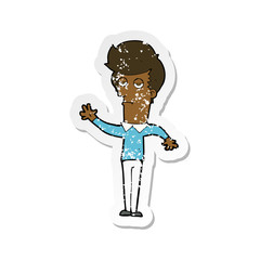 retro distressed sticker of a cartoon bored man waving