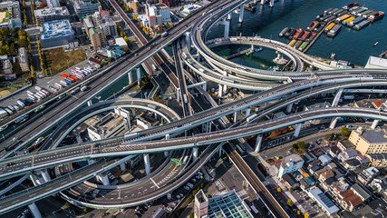 Aerial view interchange highway and overpass in city of Osaka City, Osaka, Kansai, Japan - obrazy, fototapety, plakaty