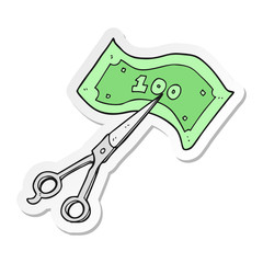 sticker of a cartoon scissors cutting money