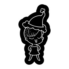 happy cartoon icon of a girl in cocktail dress wearing santa hat